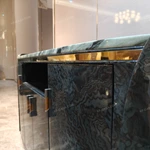 Curved Marble-Top Sideboard with Glossy Wood Veneer & Quilted Leather Accents